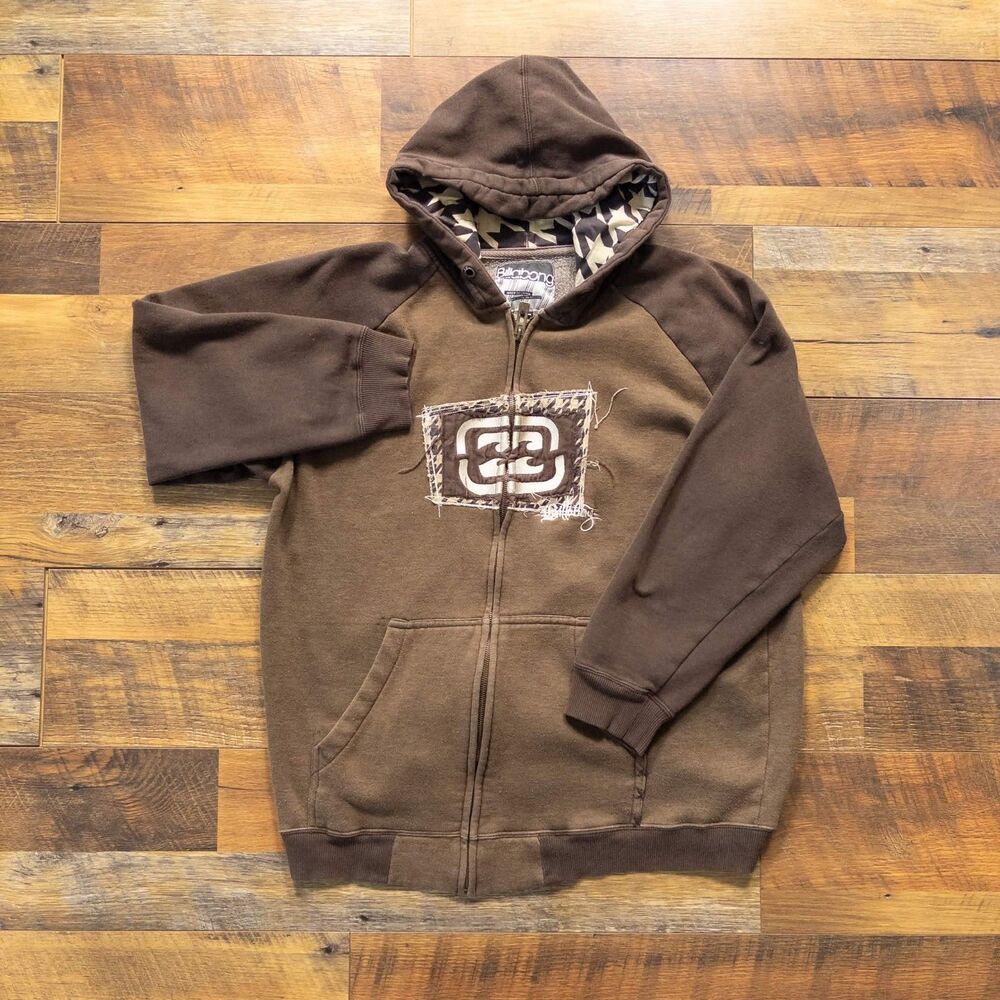 Vintage Y2K Billabong Hoodie Mens M Brown Full Zip Distressed Logo Surf Skate